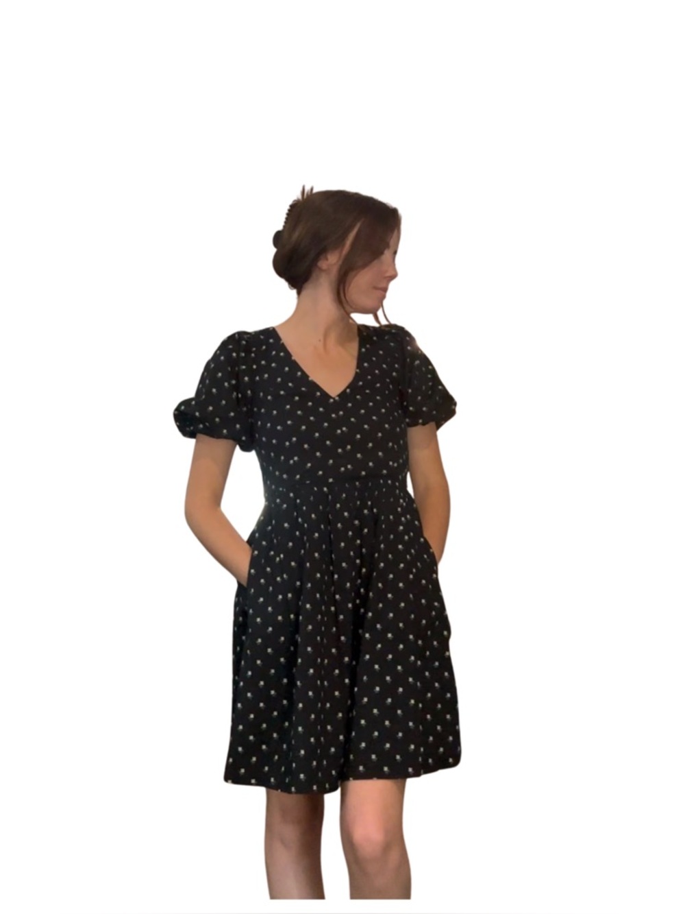 Madewell Black Mini Dress with White Print puff sleeve XXS